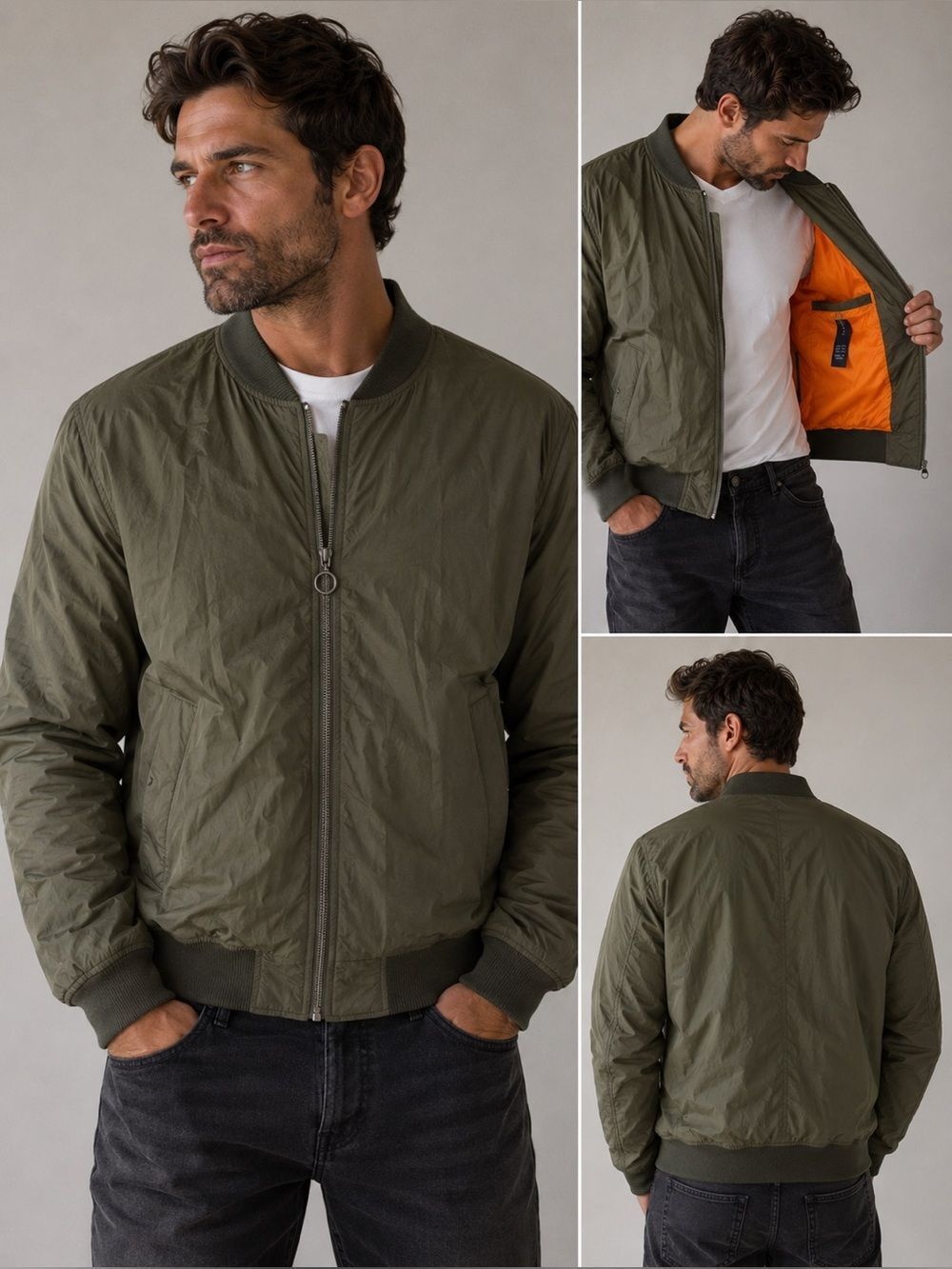 Zara Mens Bomber Jacket Olive Green Orange Lined Nylon Full Zip Size XXL